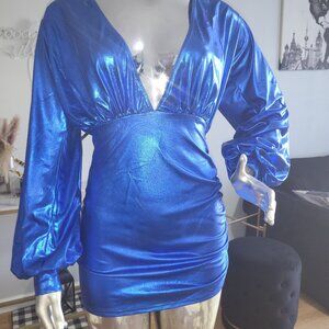 ***NWT PLT Blue Metallic Bodycon Mini Ruched Long Sleeve Dress Sz Small***